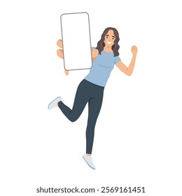 Happy young woman showing empty cellphone screen while jumping up. Flat vector illustration isolated on white background