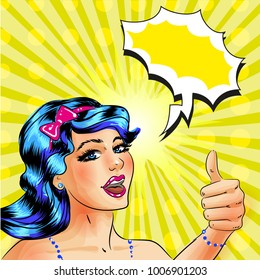 Happy young woman showing thumb up hand gesture, speech bubble. Vector illustration in retro pop art comic style.