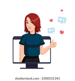 Happy Young Woman is Showing thumbs up from computer monitor. Likes on social networks. Vector flat illustration