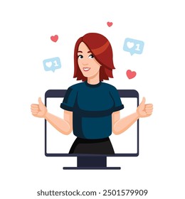 Happy Young Woman is Showing thumbs up with both hands from computer monitor. Likes on social networks. Vector