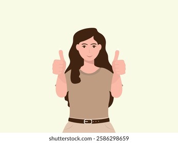 Happy young woman showing thumbs up with both hands and smiling. Cartoon, vector and illustration.