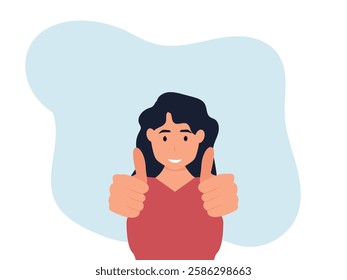 Happy young woman showing thumbs up with both hands and smiling. Cartoon, vector and illustration.