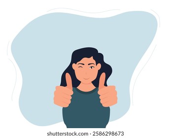 Happy young woman showing thumbs up with both hands and winking eye.smiling. Cartoon, vector and illustration.