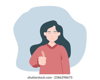 Happy young woman showing thumbs up with smile. Cartoon, vector and illustration.