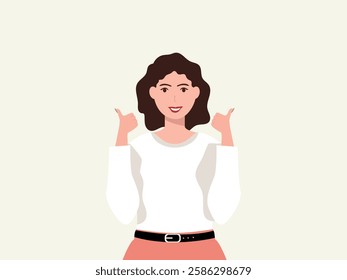 Happy young woman showing thumbs up with both hands and smiling. Cartoon, vector and illustration.