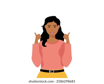 Happy young woman showing thumbs up with both hands and smiling. Cartoon, vector and illustration.