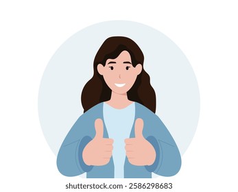 Happy young woman showing thumbs up with both hands and smiling. Cartoon, vector and illustration.