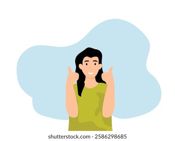 Happy young woman showing thumbs up with both hands and smiling. Cartoon, vector and illustration.