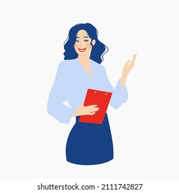 A happy young woman shows and shows something with her hand. A smiling secretary or businesswoman explains and presents something. Color flat vector illustration isolated on a white background