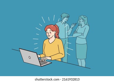 Happy Young Woman Sit At Desk Work On Computer Distracted Form Colleagues Talking In Background. Smiling Motivated Female Employee Busy At Laptop Ignore Social Sounds. Vector Illustration. 