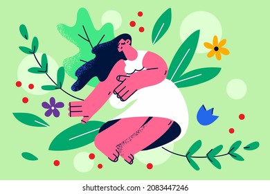 Happy young woman sit in flowers show love and care to nature. Smiling millennial girl surrounded by floral composition and greenery demonstrate female mental health stability. Vector illustration. 