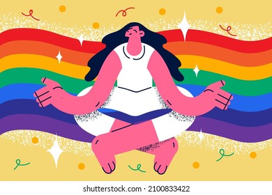 Happy young woman sit in lotus pose meditate practice yoga with rainbow on background. Calm female feel relaxed joyful, have good emotional and mental health. Flat vector illustration. 