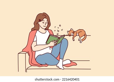 Happy young woman sit on sofa reading book with cat sleeping near. Calm relaxed girl rest on couch with novel enjoy weekend with pet. Vector illustration. 