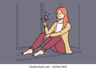 Happy young woman sit on windowsill at home relax with glass of red wine. Smiling girl rest indoors on weekend with drink. Relaxation. Vector illustration. 