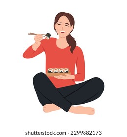 Happy young woman sit on floor eating sushi with chopsticks. Millennial female enjoy traditional Japanese food at home. Cuisine concept. Flat vector illustration isolated on white background