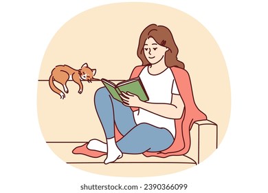 Happy young woman sit on sofa reading book with cat sleeping near. Calm relaxed girl rest on couch with novel enjoy weekend with pet. Vector illustration.