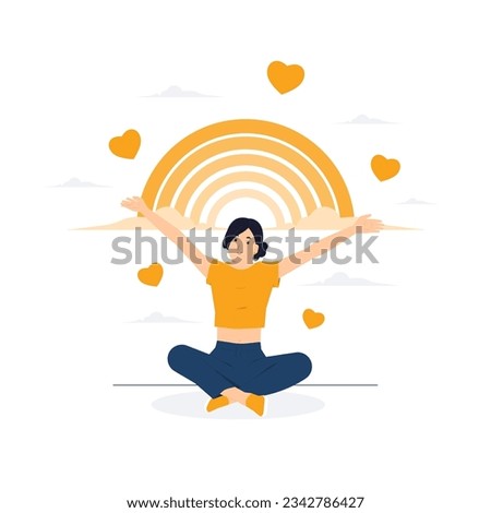 Happy young woman sit with open arms stretched out in lotus pose, the rainbow, creates good vibe around her, enjoys freedom and life. Body positive and health care concept illustration
