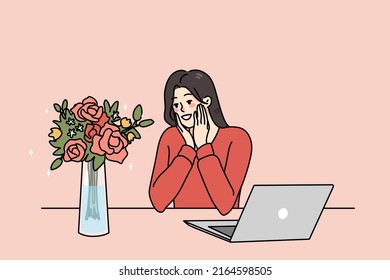 Happy young woman sit at table in office pleasantly surprised by flower delivery from secret admirer. Smiling girl stunned with romantic gift bouquet. Romance and affection. Vector illustration. 