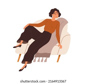 Happy young woman sitting in armchair posing with leg over armrest. Modern smiling girl model in funny position in chair. Positive relaxed female. Flat vector illustration isolated on white background