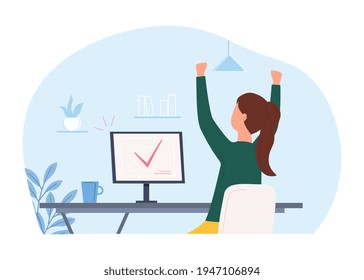 A happy young woman sitting at her workplace threw up her hands in triumph, rejoicing at the completed task. Successfully completed task and well done work. Flat cartoon vector illustration.