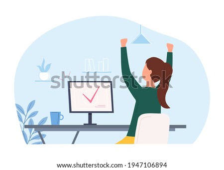 A happy young woman sitting at her workplace threw up her hands in triumph, rejoicing at the completed task. Successfully completed task and well done work. Flat cartoon vector illustration.