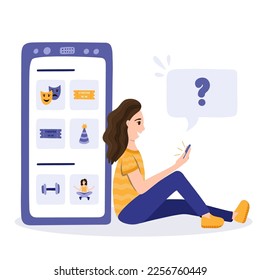 Happy young woman sitting leaning on big phone and choosing recreation for evening in mobile app. Online application with theater tickets, cinema schedule, sport activity, yoga. Hand drawn vector.