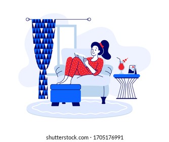 Happy young woman sitting on sofa, reading book and drinking cocktail. Girl relaxing in modern cozy home. Cartoon and home furnishing vector illustration