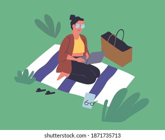 Happy young woman sitting on blanket in park and surfing internet. Freelancer working on laptop outdoors. Scene of summer recreation and remote work. Flat vector cartoon illustration