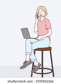 Happy young woman sitting on a chair and working with laptop computer and talking on mobile phone. Hand drawn in thin line style, vector illustrations.