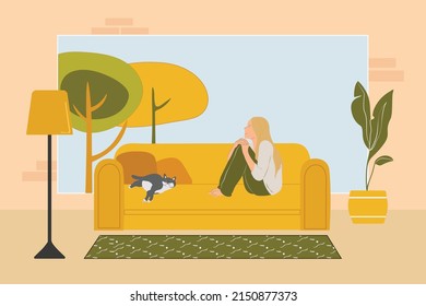 Happy young woman sitting on sofa in messy room or apartment with cat. Lazy girl resting on couch at home. Flat cartoon vector illustration.