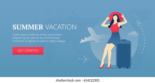 Happy young woman sitting on a suitcase with wheels and holding her red hat. Vector illustration of long vacation. Banner template of traveling