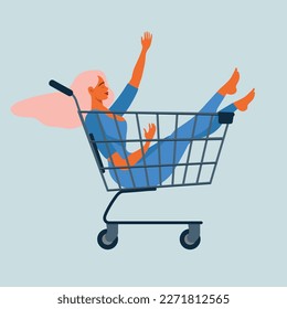 Happy young woman sitting in a supermarket shopping cart. Beautiful crazy hipster girl smiling at the store. Shopaholic, customer, sale concept. Isolated flat vector illustration