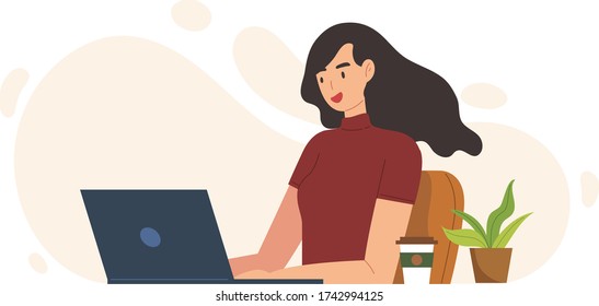 Happy young woman sitting and using laptop working. Flat vector illustration. Concept of working at modern office, customer e-mail reply, online conference, freelancer, working from home, quarantine.