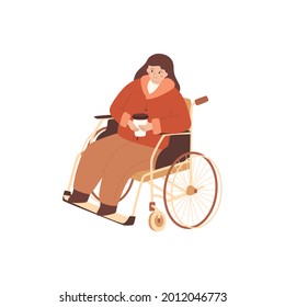 Happy young woman sitting in the wheelchair and holding a cup of coffee. Disabled girl enjoy life. Isolated character for inclusion concepts, banners. Vector illustration.