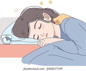 Happy young woman is sleeping in the bed on the pillow late at night, having a good dream. Girl is lying in the bed and healthy sleeping.  Peaceful dream and relax concept. Cartoon style