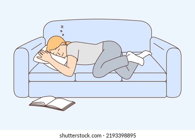 Happy young woman sleeping on sofa after reading book. Tired girl fall asleep on couch at home. Exhaustion and fatigue. Vector illustration. 