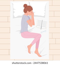 Happy young woman sleeping on pillows at night in pink pajamas top view. Young woman sleeping in bed with notepad and glasses on bed flat style. Sleep tight, sweet dreams