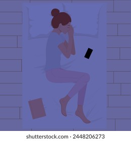 Happy young woman sleeping on pillows at night in pink pajamas top view. Young woman sleeping in bed with phone and book on opposite side on bed flat style. Sleep tight, sweet dreams isolated on white
