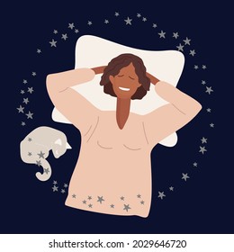 Happy young woman sleeps on pillow and smiles. Cute girl resting after working day with her pet cat on dark blue sky with stars. Resting time and comfortable relaxation Flat vector illustration.