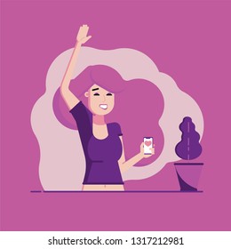 Happy young woman with smartphone with blank screen in flat style