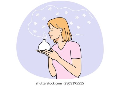 Happy young woman smell good pleasant fragrance from aromatherapy diffuser. Smiling girl enjoy essential oil in lamp. Flat vector illustration, cartoon character.