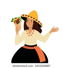 Happy young woman in sombrero holding burrito. Funny cartoon girl  eating traditional mexican food. Hand drawn vector illustration, flat design. 