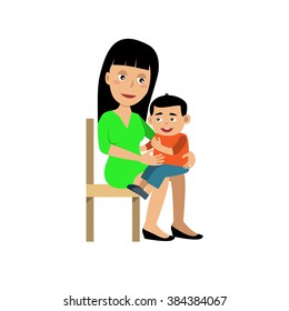 Happy young woman with the son sitting on her lap. Mother holding her child. Vector art on white isolated background. Cartoon style. Illustration of happy parenting, mother care and loving family.