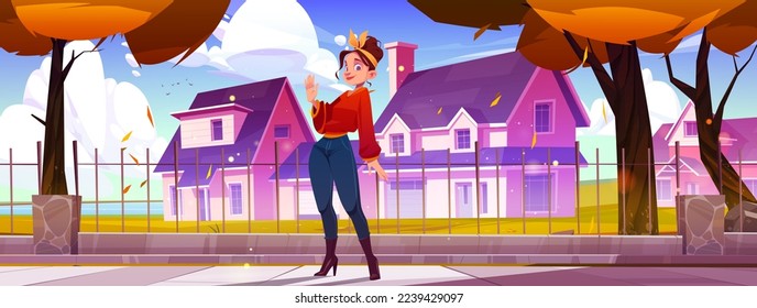 Happy young woman standing in autumn street near own house, smiling and waving hand. Cartoon vector illustration of female character making welcoming gesture, friendly neighbor. Suburban lifestyle