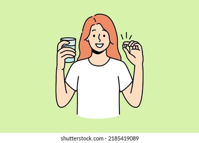 Happy young woman standing with glass of water take daily dose of vitamins. Happy girl take painkiller or antidepressant. Medication and drugs. Vector illustration. 