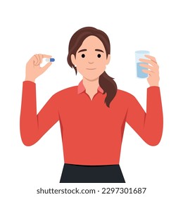 Happy young woman standing with glass of water take daily dose of vitamins. Happy girl take painkiller or antidepressant. Medication and drugs. Flat vector