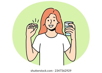 Happy young woman standing with glass of water take daily dose of vitamins. Happy girl take painkiller or antidepressant. Medication and drugs. Vector illustration.