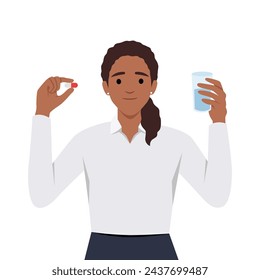 Happy young woman standing with glass of water take daily dose of vitamins. Happy girl take painkiller or anti depressant. Flat vector illustration isolated on white background