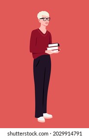 A happy young woman is standing and holding few books in her hands. The full-length portrait of a student. Libraries and bookstores. Vector flat illustration