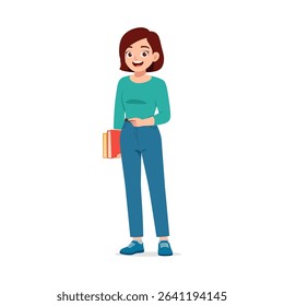 Happy young woman standing holding books in full body illustration on a white background